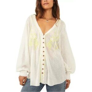 FREE PEOPLE Medium Margie Embroidered Cotton Button Front Top In Ivory Combo NEW